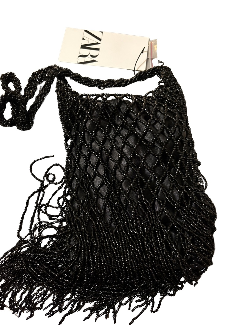 ZARA Black Beaded Macramé Fringe Shoulder Bag - Picture 4 of 5